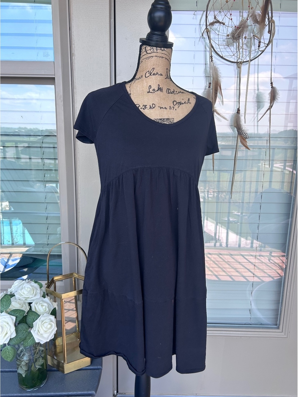 Organic Size Small Black Short Sleeve Babydoll Mini Dress Scoop Neck